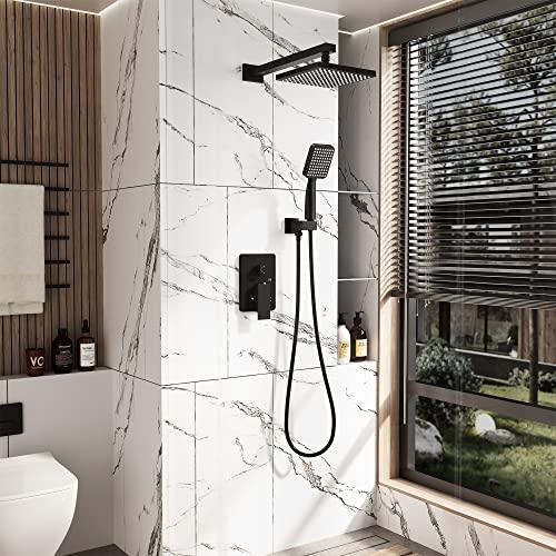 Rainfall Shower System Matte Black with High Pressure 8 inch Shower Head Hand Held Shower Head Bathroom Luxury Rain Mixer Shower Complete Combo Set Wall Mounted (Valve Included) Buylikepro