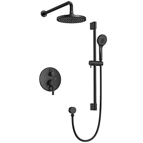 Rainfall Shower System, Wall Mounted Shower Combo Set for Bathroom with High Pressure 8 Inch Rain Shower head and 3-Setting Handheld Shower Head, Pressure Balance Valve Matte Black (Valve Included) Buylikepro