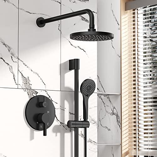 Rainfall Shower System, Wall Mounted Shower Combo Set for Bathroom with High Pressure 8 Inch Rain Shower head and 3-Setting Handheld Shower Head, Pressure Balance Valve Matte Black (Valve Included) Buylikepro