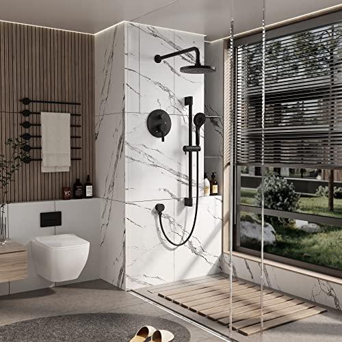 Rainfall Shower System, Wall Mounted Shower Combo Set for Bathroom with High Pressure 8 Inch Rain Shower head and 3-Setting Handheld Shower Head, Pressure Balance Valve Matte Black (Valve Included) Buylikepro