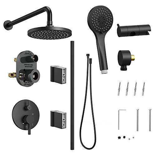 Rainfall Shower System, Wall Mounted Shower Combo Set for Bathroom with High Pressure 8 Inch Rain Shower head and 3-Setting Handheld Shower Head, Pressure Balance Valve Matte Black (Valve Included) Buylikepro