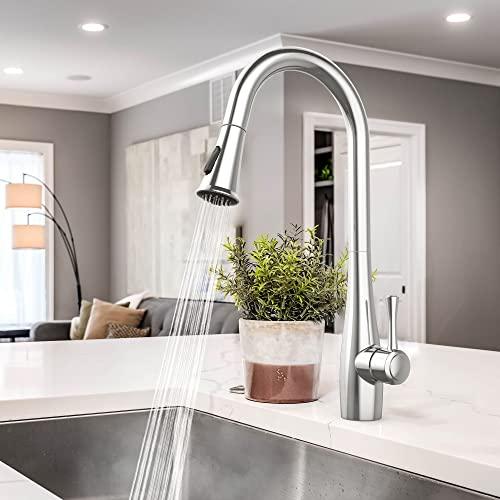 Single Handle Kitchen Sink Faucet, Kitchen Faucet with Pull Down Sprayer, Single Hole Faucet for Kitchen Sink, High Arc Modern Stainless Steel Kitchen Faucets, Chrome Buylikepro