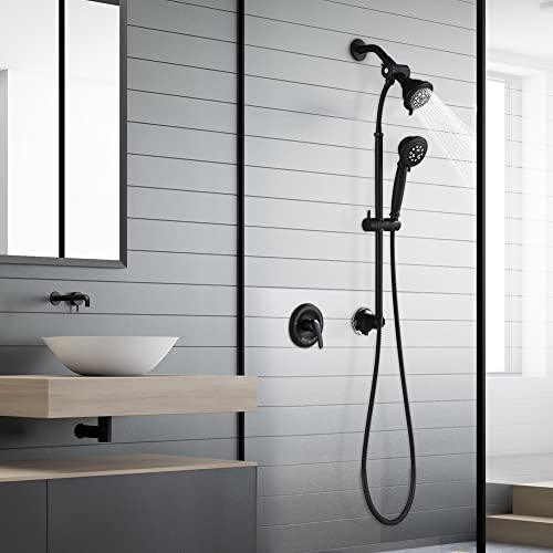 Single-Handle Tub and Shower Trim Kit, Shower Faucet with 4-Spray Function 2-in-1 Dual Hand Held Shower Head with Hose High Pressure, Matte Black (Valve Included) Buylikepro