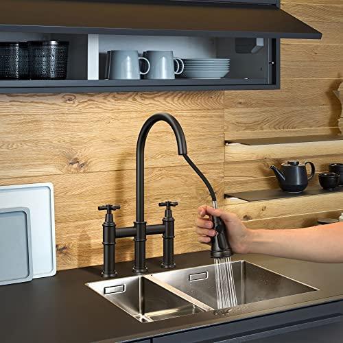 Transitional Bridge Kitchen Faucet with Pull-Down Sprayhead Solid Stainless Steel Kitchen Sink Faucet, 3 Hole 2 Handle Spot-Resistant Faucet for Kitchen Sink Buylikepro