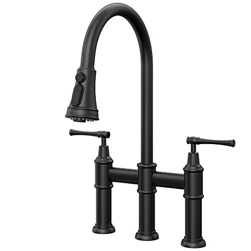 Transitional Bridge Kitchen Faucet with Pull-Down Sprayhead Solid Stainless Steel Kitchen Sink Faucet, 3 Hole 2 Handle Spot-Resistant Faucet for Kitchen Sink Buylikepro