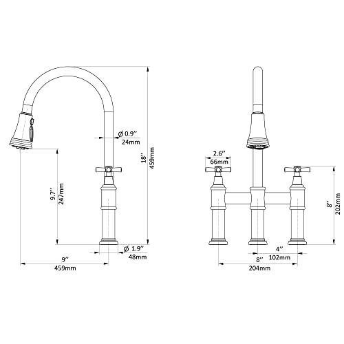 Transitional Bridge Kitchen Faucet with Pull-Down Sprayhead Solid Stainless Steel Kitchen Sink Faucet, 3 Hole 2 Handle Spot-Resistant Faucet for Kitchen Sink Buylikepro