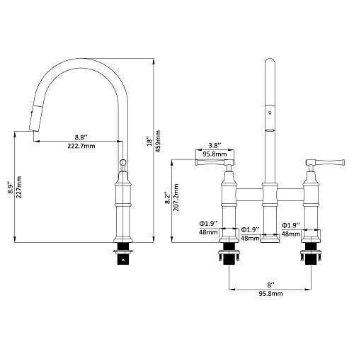 Transitional Bridge Kitchen Faucet with Pull-Down Sprayhead Solid Stainless Steel Kitchen Sink Faucet, 3 Hole 2 Handle Spot-Resistant Faucet for Kitchen Sink Buylikepro