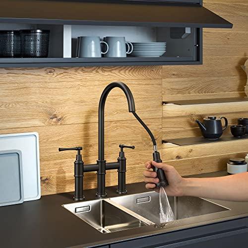 Transitional Bridge Kitchen Faucet with Pull-Down Sprayhead Solid Stainless Steel Kitchen Sink Faucet, 3 Hole 2 Handle Spot-Resistant Faucet for Kitchen Sink Buylikepro