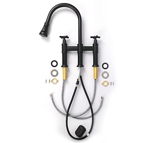 Transitional Bridge Kitchen Faucet with Pull-Down Sprayhead Solid Stainless Steel Kitchen Sink Faucet, 3 Hole 2 Handle Spot-Resistant Faucet for Kitchen Sink Buylikepro