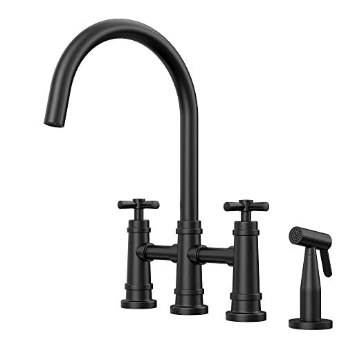 Transitional Bridge Kitchen Faucet with Pull-Down Sprayhead Stainless Steel Kitchen Sink Faucet, 4 Hole 2 Handle Spot-Resistant Kitchen Faucet with Side Sprayer, Matte Black Buylikepro