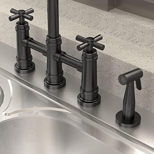 Transitional Bridge Kitchen Faucet with Pull-Down Sprayhead Stainless Steel Kitchen Sink Faucet, 4 Hole 2 Handle Spot-Resistant Kitchen Faucet with Side Sprayer, Matte Black Buylikepro