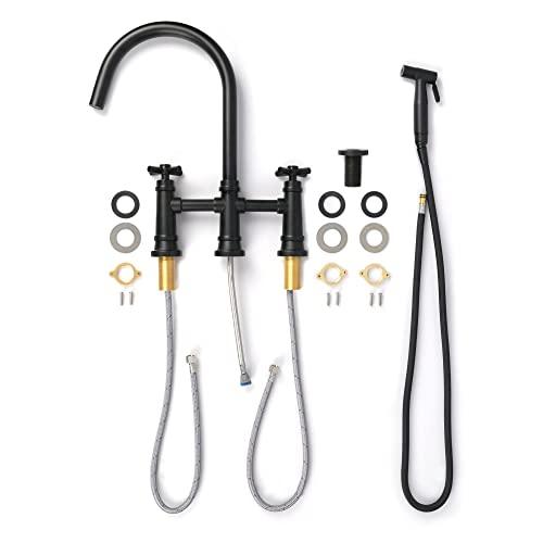Transitional Bridge Kitchen Faucet with Pull-Down Sprayhead Stainless Steel Kitchen Sink Faucet, 4 Hole 2 Handle Spot-Resistant Kitchen Faucet with Side Sprayer, Matte Black Buylikepro