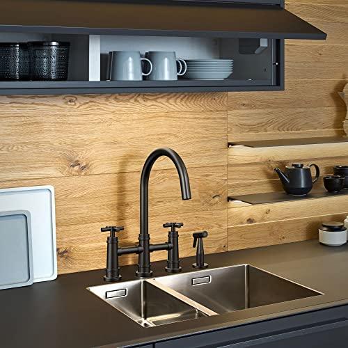 Transitional Bridge Kitchen Faucet with Pull-Down Sprayhead Stainless Steel Kitchen Sink Faucet, 4 Hole 2 Handle Spot-Resistant Kitchen Faucet with Side Sprayer, Matte Black Buylikepro