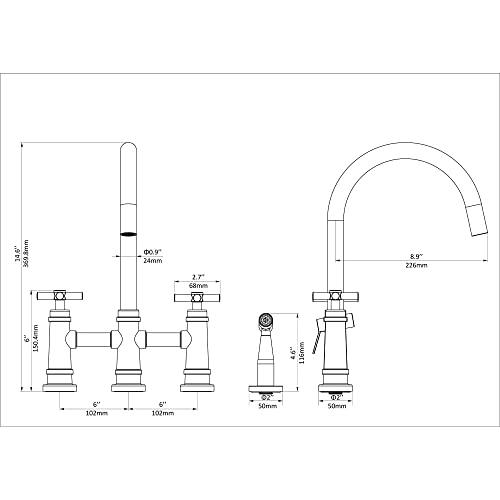 Transitional Bridge Kitchen Faucet with Pull-Down Sprayhead Stainless Steel Kitchen Sink Faucet, 4 Hole 2 Handle Spot-Resistant Kitchen Faucet with Side Sprayer, Matte Black Buylikepro