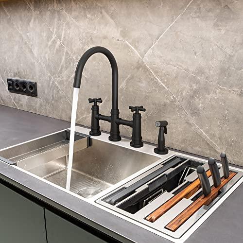 Transitional Bridge Kitchen Faucet with Pull-Down Sprayhead Stainless Steel Kitchen Sink Faucet, 4 Hole 2 Handle Spot-Resistant Kitchen Faucet with Side Sprayer, Matte Black Buylikepro
