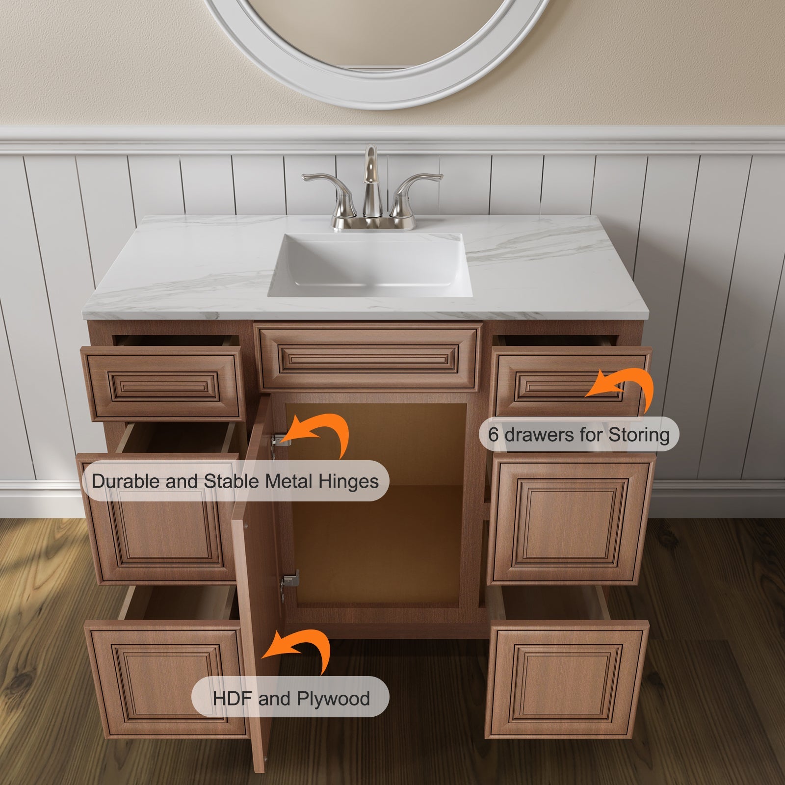 21"D Birch Solid Wood X 42"W X 34-1/2"H Bath Vanity Double Drawer Cabinet without Top VDDB42