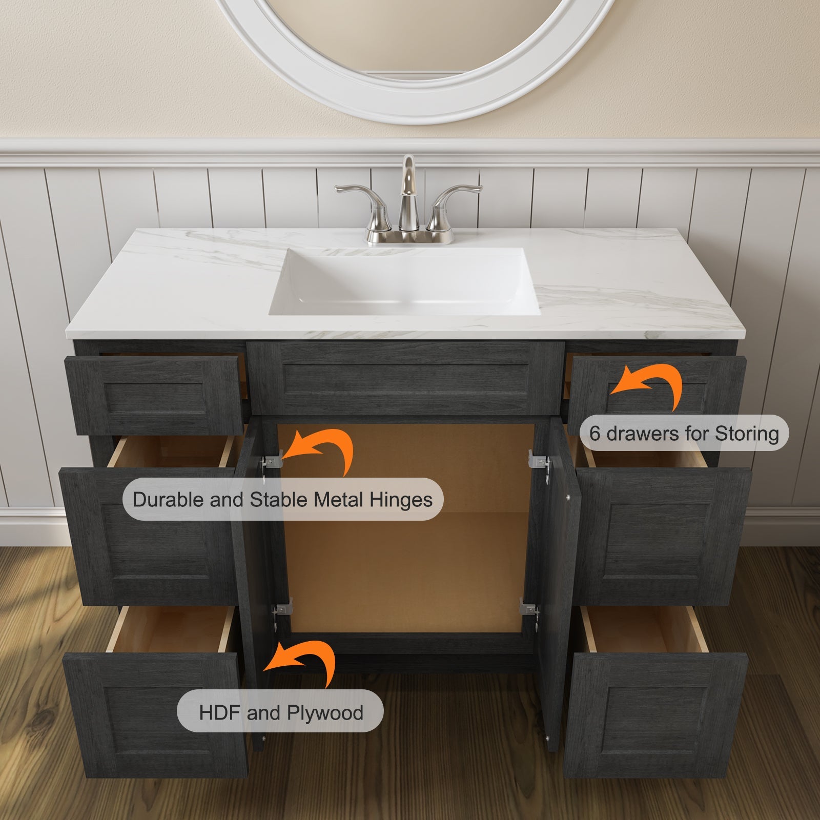 21"D Birch Solid Wood X 42"W X 34-1/2"H Bath Vanity Double Drawer Cabinet without Top VDDB42