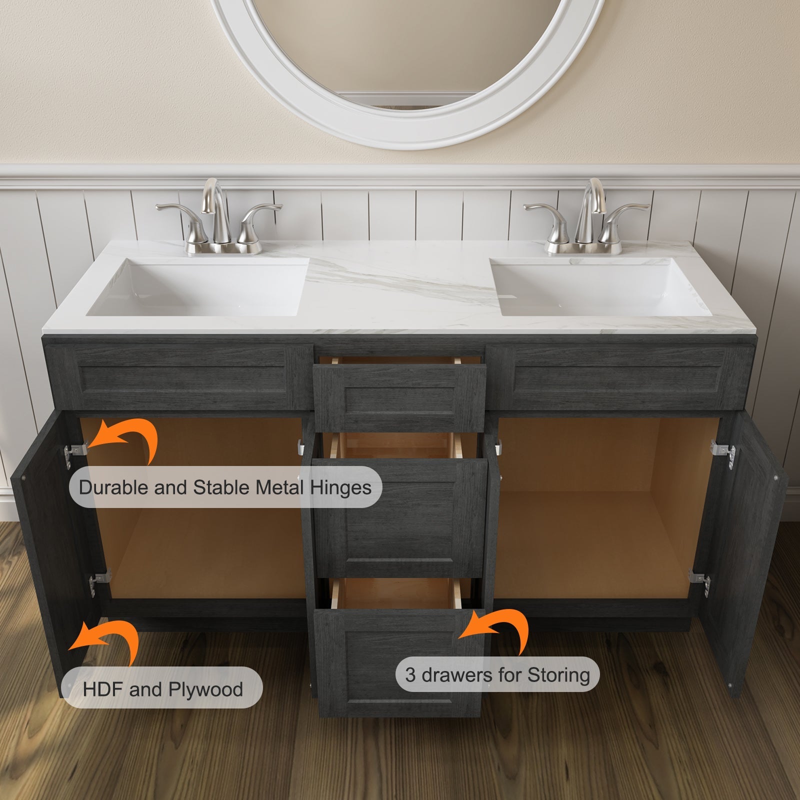 21"D Birch Solid Wood X 60"W X 34-1/2"H Vanity Sink Drawer Cabinet Wthout Top VSDB60