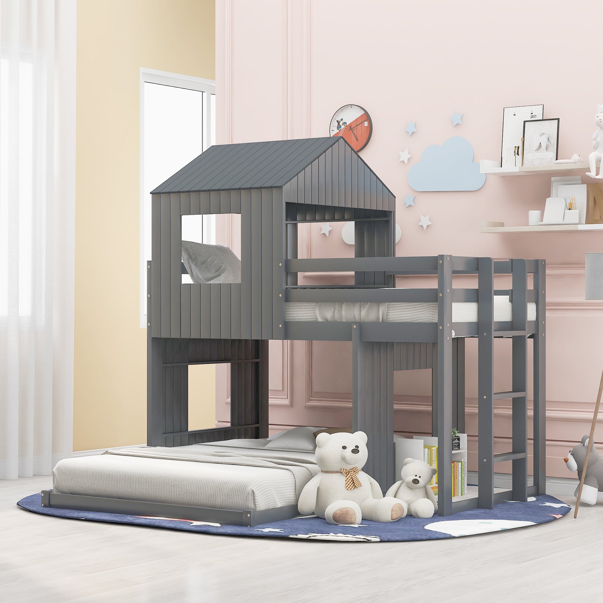 Wooden Twin Over Full Bunk Bed, Loft Bed with Playhouse, Farmhouse, Ladder and Guardrails , Gray( old sku: LT000027AAN )
