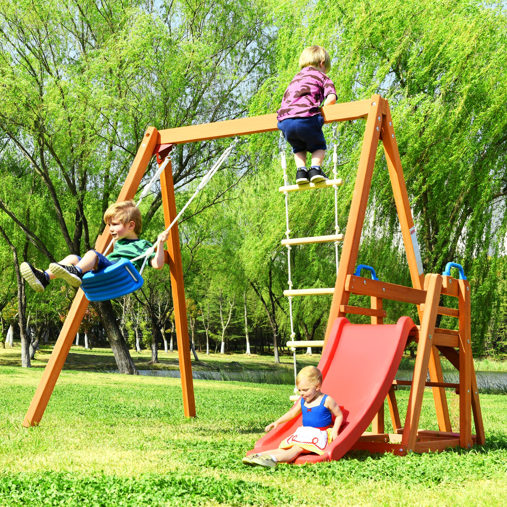Wooden Swing-N-Slide Set: Ideal for Backyard Fun with Slide, Swings, and Climber. Toddler-Friendly and Easy to Assemble
