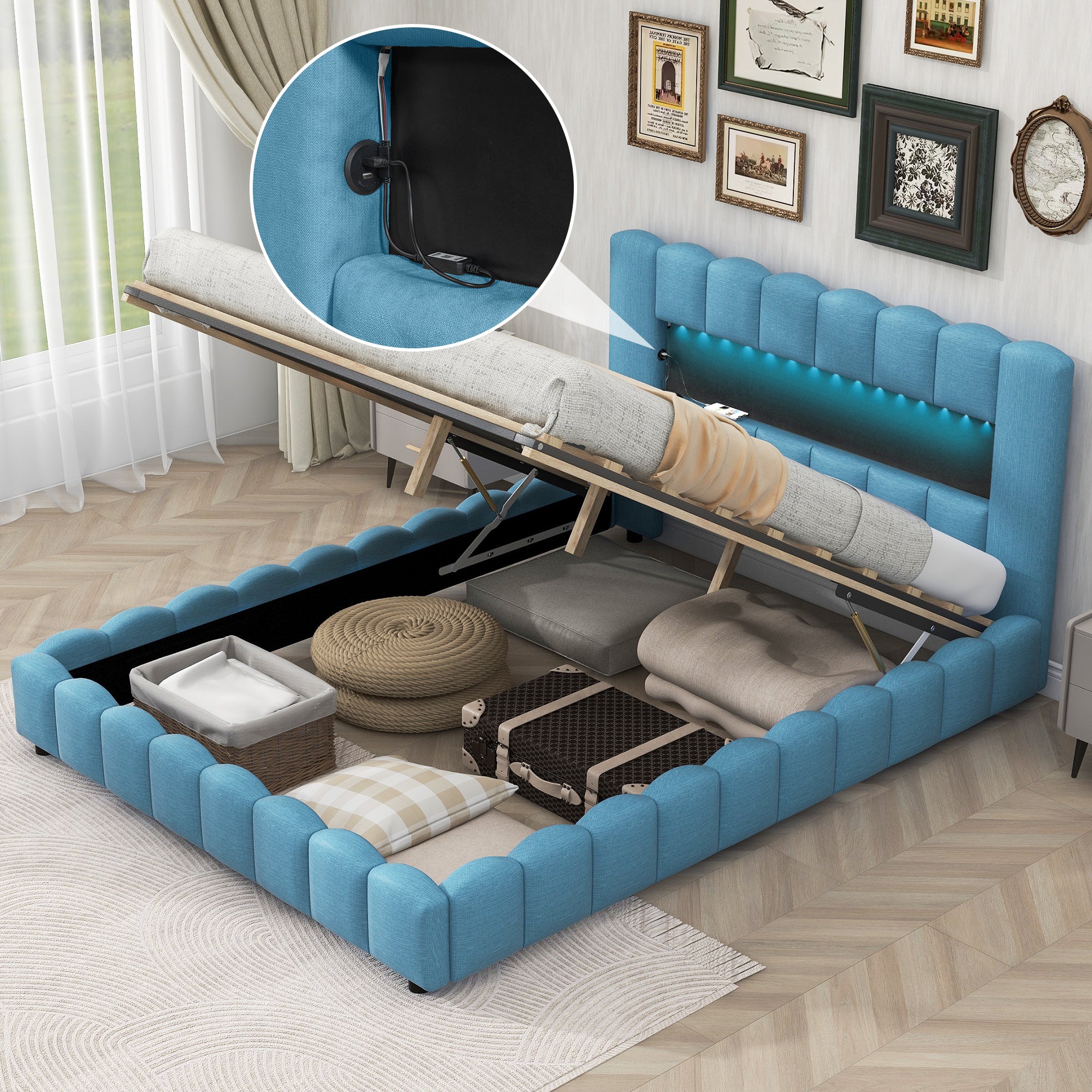Queen Size Upholstered Platform Bed with LED Headboard and USB, Blue