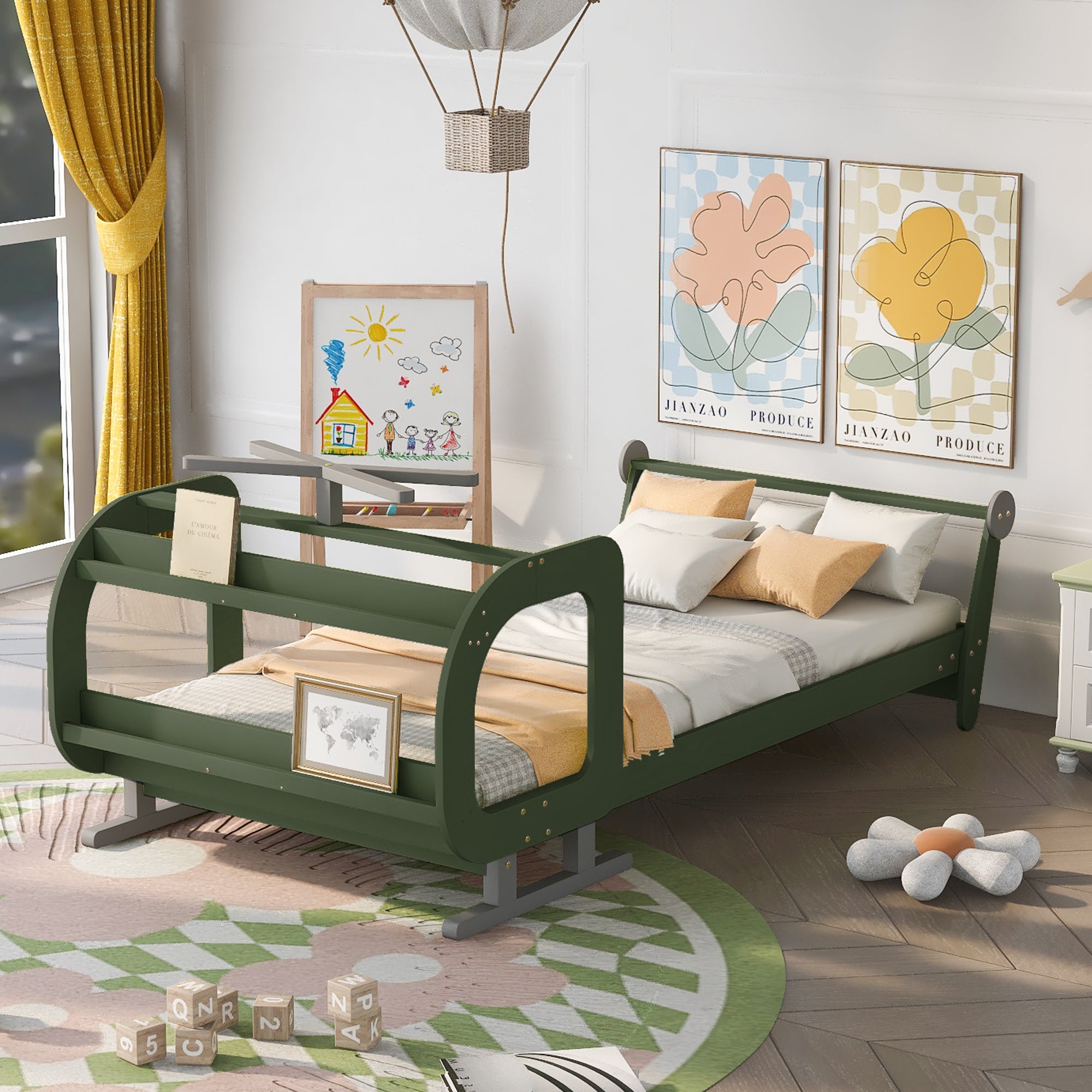 Twin Size Plane Shaped Platform Bed with Rotatable Propeller and Shelves, Green