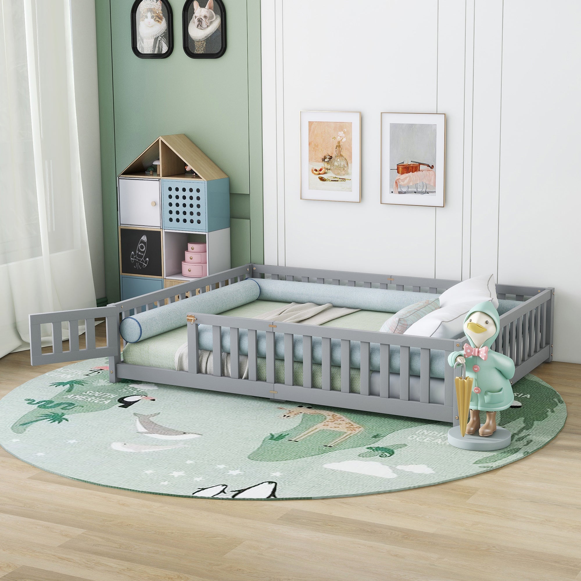 Queen Size Bed Floor Bed with Safety Guardrails and Door for Kids, Gray (Expect Arrival Date Nov.2nd)