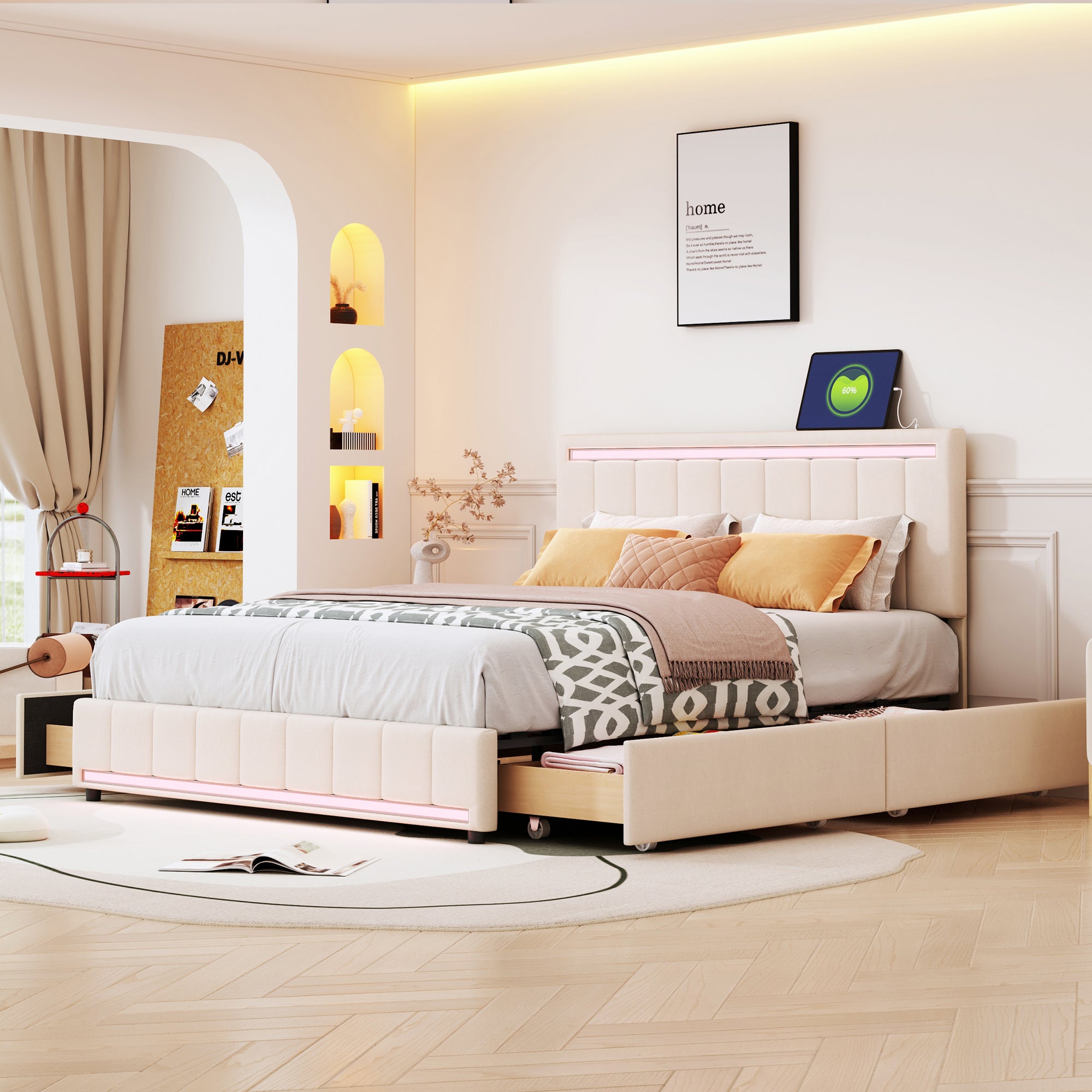 Queen Size Upholstered Bed with LED Light and 4 Drawers, Modern Platform Bed with a set of Sockets and USB Ports, Linen Fabric, Beige