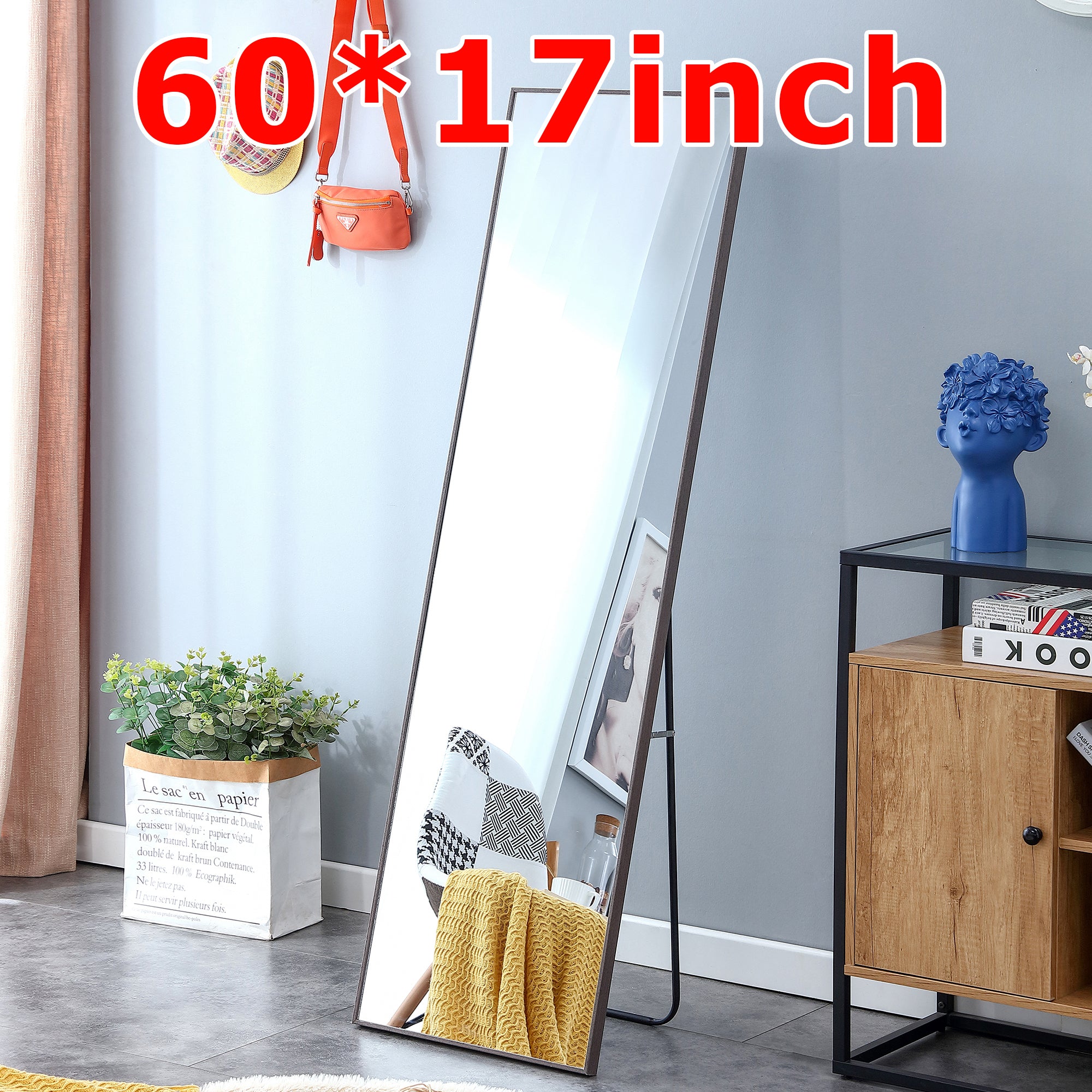 Gray Solid Wood Frame Full-length Mirror, Dressing Mirror, Bedroom Home Porch, Decorative Mirror, Clothing Store, Floor Mounted Large Mirror, Wall Mounted.60"*17"