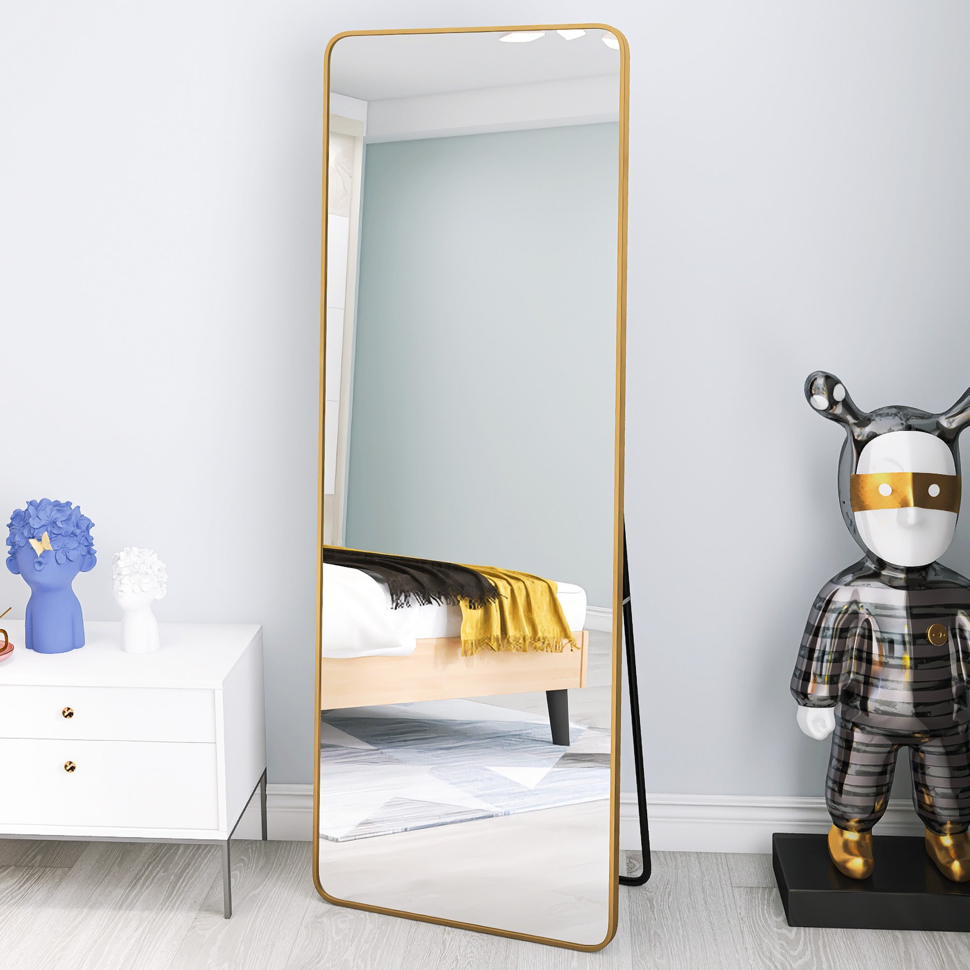 square rounded corners Full Length Mirror Floor Mirror Hanging Standing or Leaning, Bedroom Mirror Wall-Mounted Mirror Dressing Mirror with Gold Aluminum Alloy Frame,65" x 22"