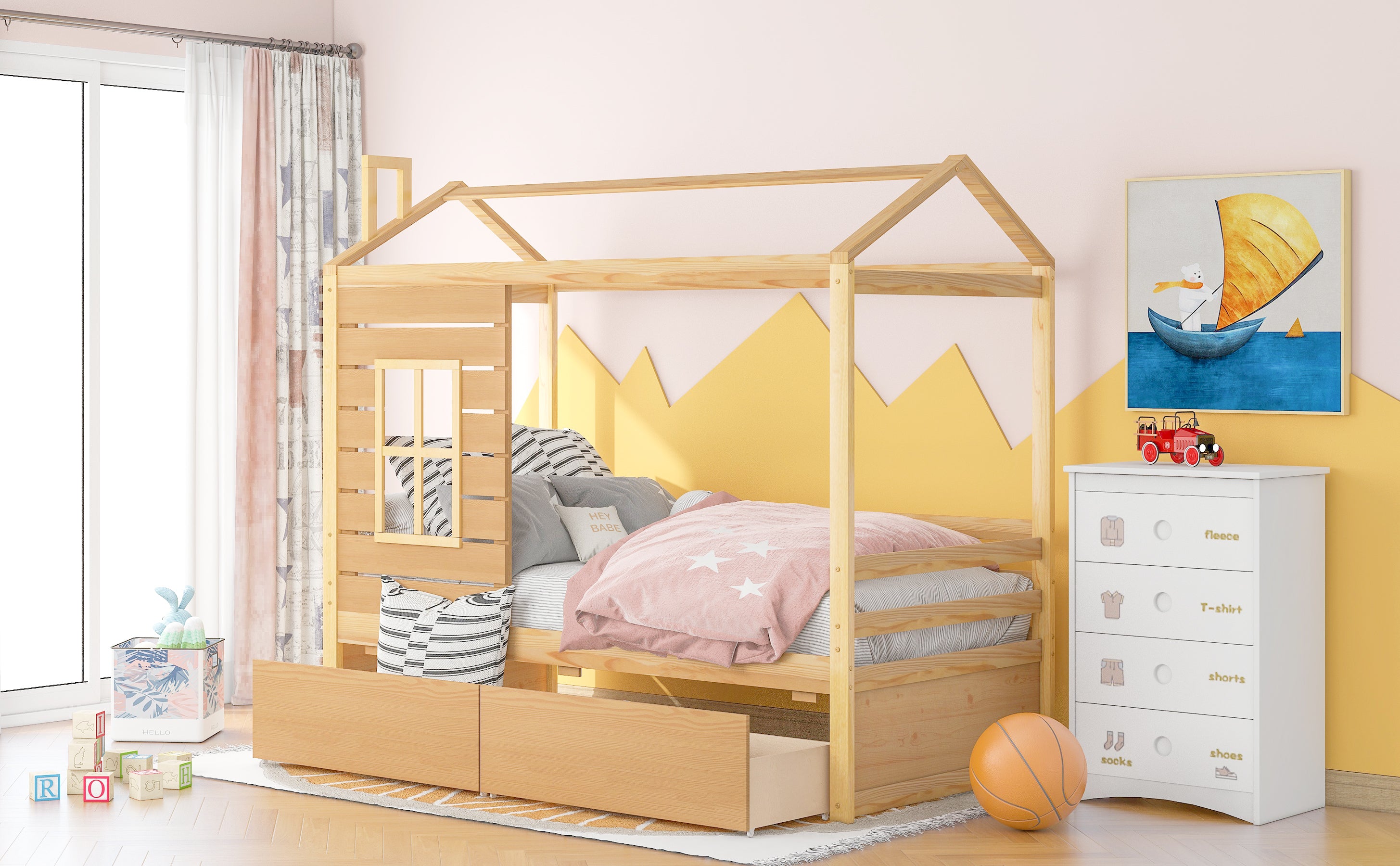 Twin Size House Bed Wood Bed with Two Drawers ( Natural )