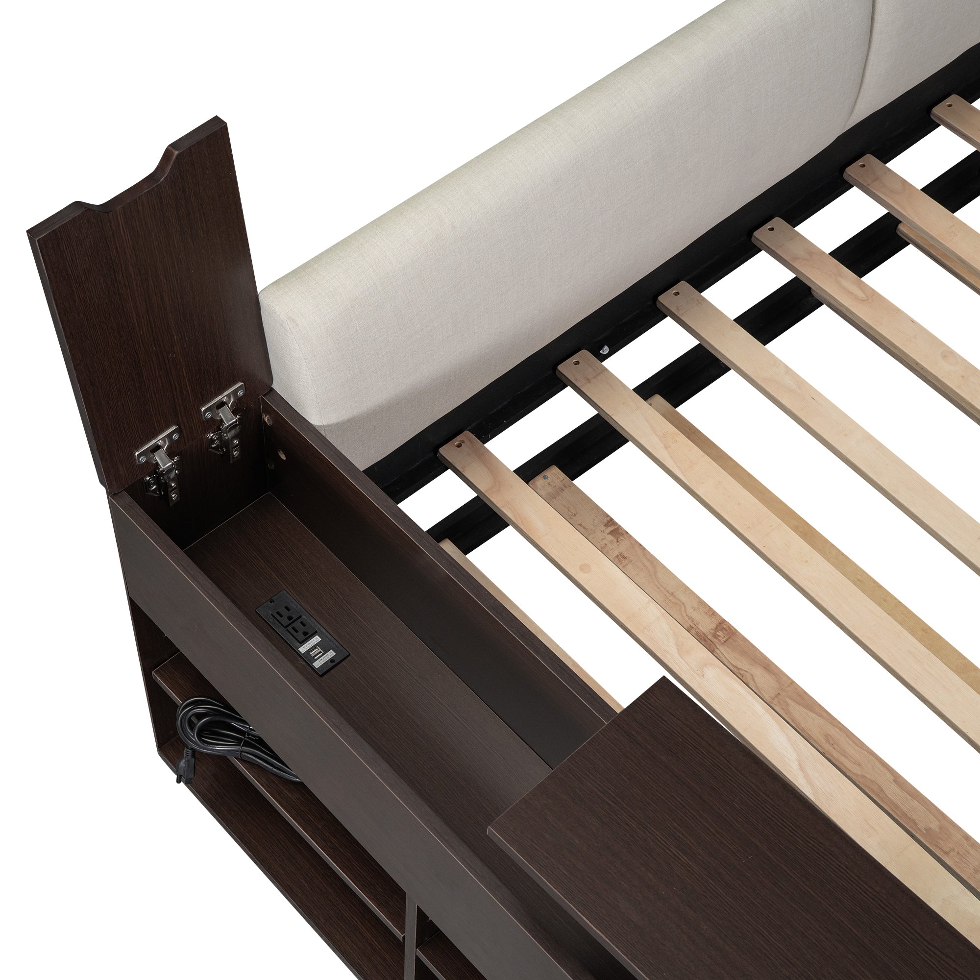 Twin Size Upholstery Daybed with Storage Arm, Trundle, Cup Holder and USB Design, Beige