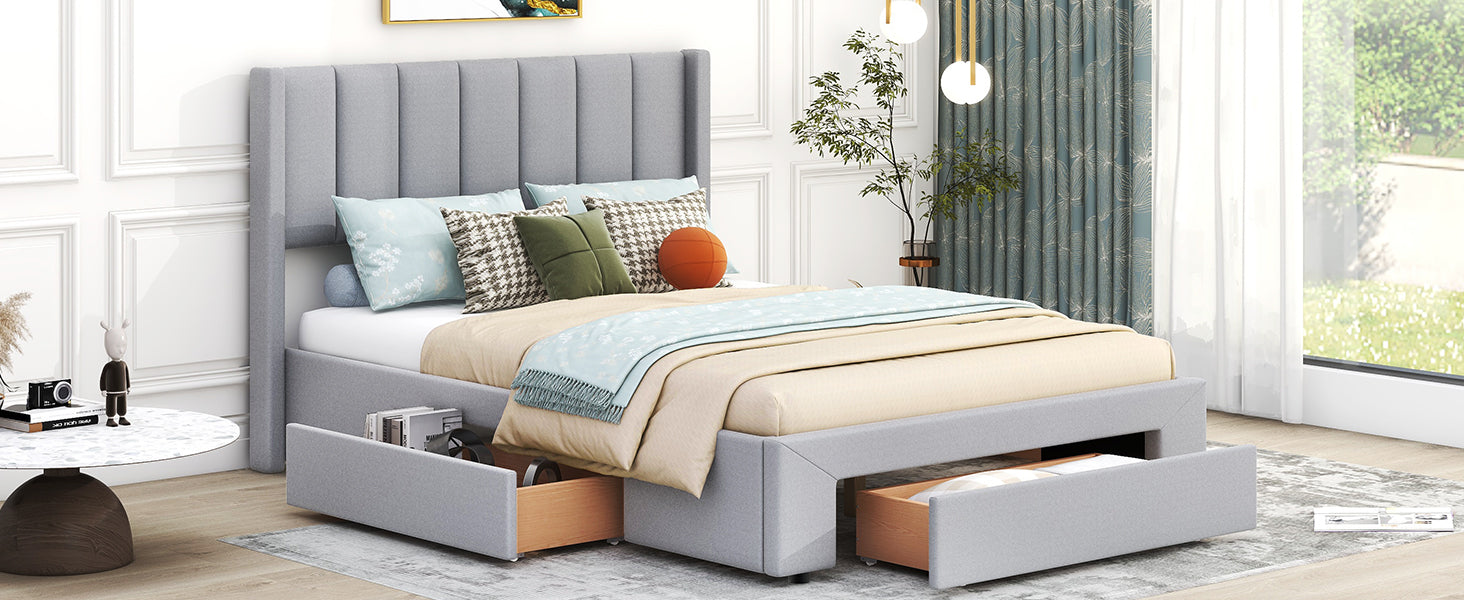 Full Size Upholstered Platform Bed with One Large Drawer in the Footboard and Drawer on Each Side,Gray