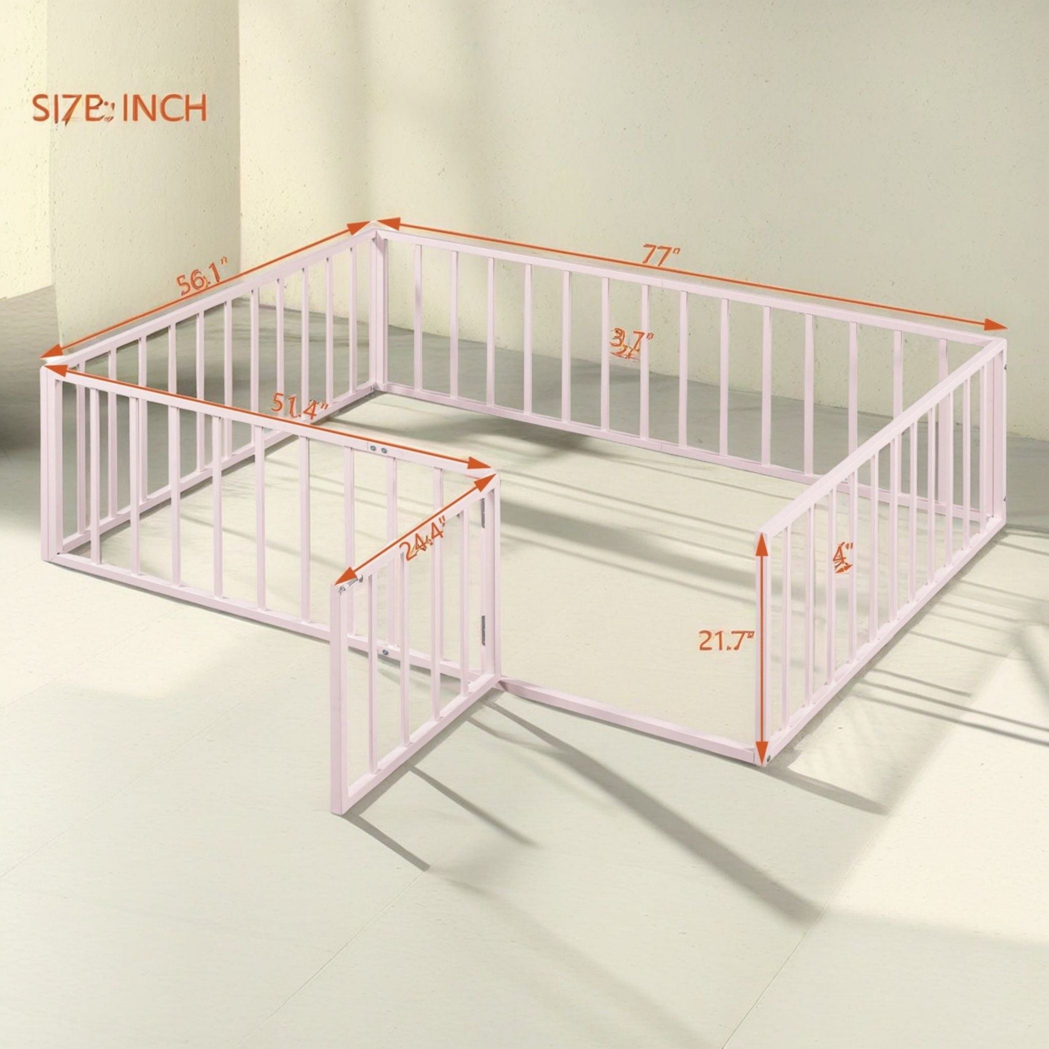 Metal Floor Fence Bed, Montessori Bedframe, with Safety Guardrail and Door