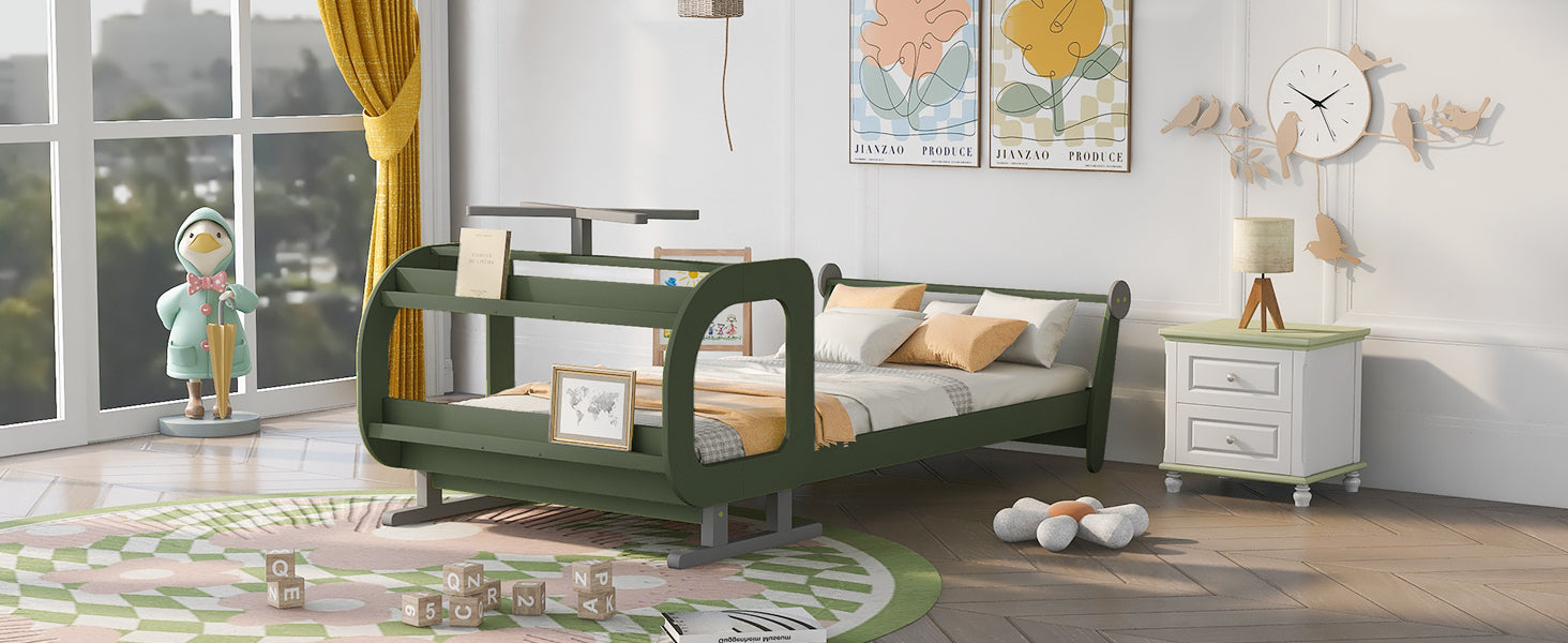 Twin Size Plane Shaped Platform Bed with Rotatable Propeller and Shelves, Green