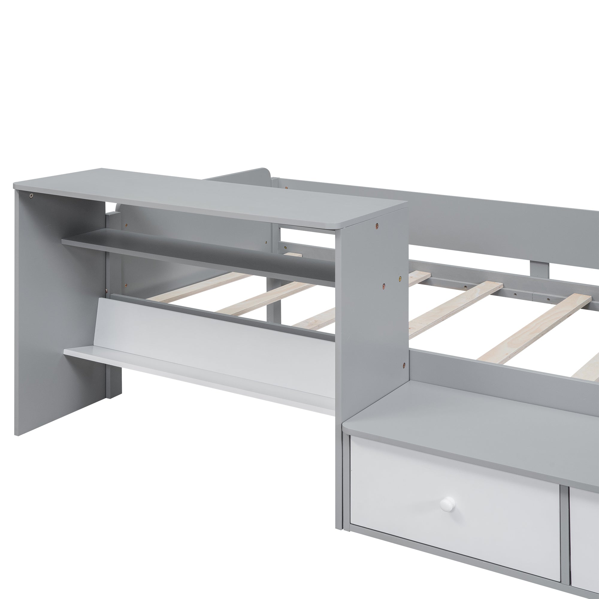 Wood Twin Size Platform Bed with 2 Drawers and 1 Chair&Desk Set, Gray+White(Expected Arrival Time: 11.22)
