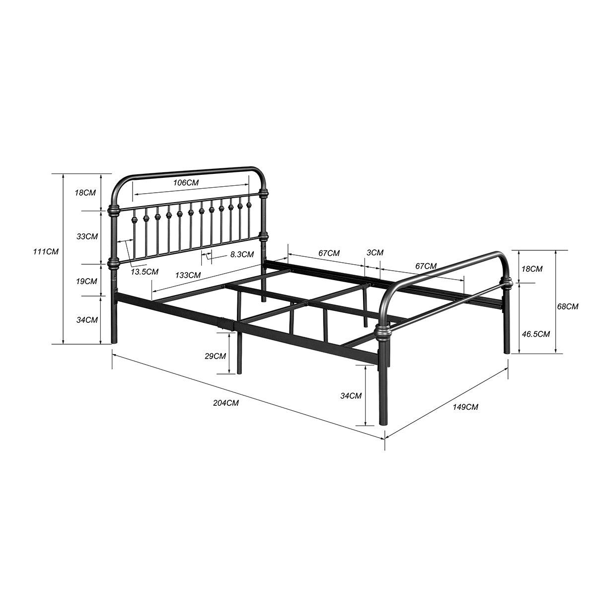 81.6" L X 59.6" W X 44.4"H Metal Bed Frame Full Size Standerd Bed Frame - BLACK