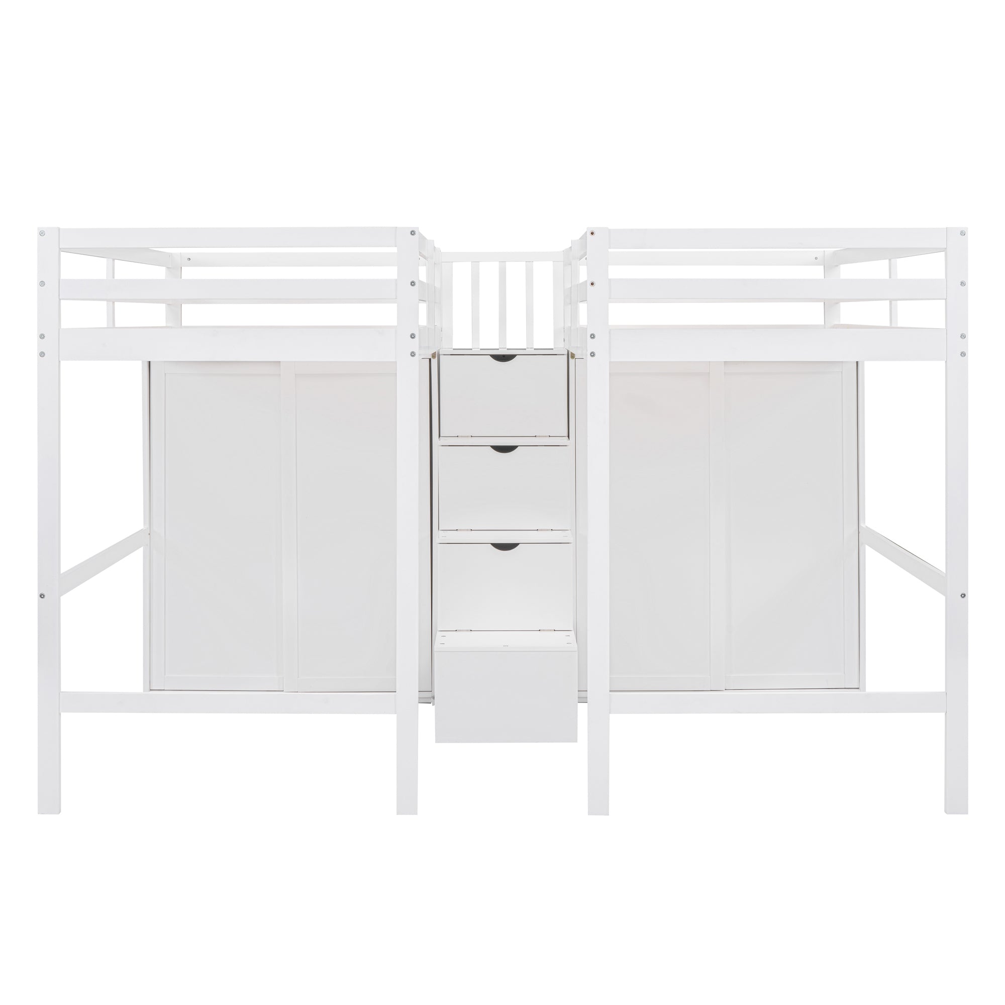 Double Twin Loft Beds with Wardrobes and Staircase, White