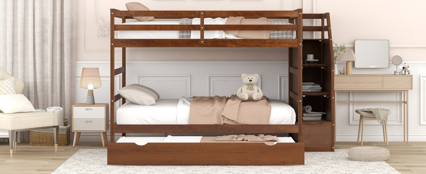 Full-over-Full Bunk Bed with Twin Size Trundle and 3 Storage Stairs,Walnut