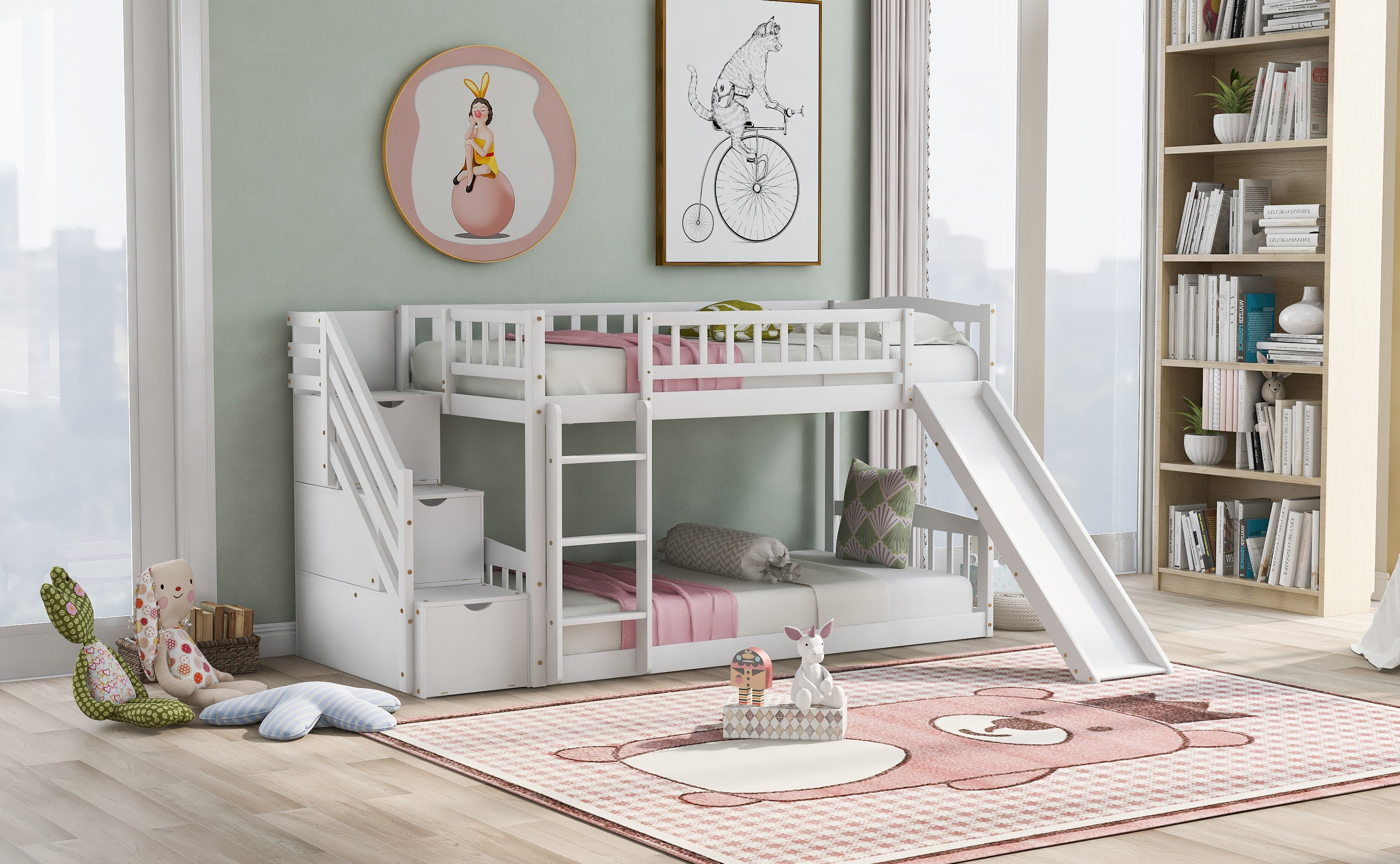 Stairway Twin over Twin Bunk Bed with Two Drawers and Slide, White(OLD SKU :LT000155AAK)
