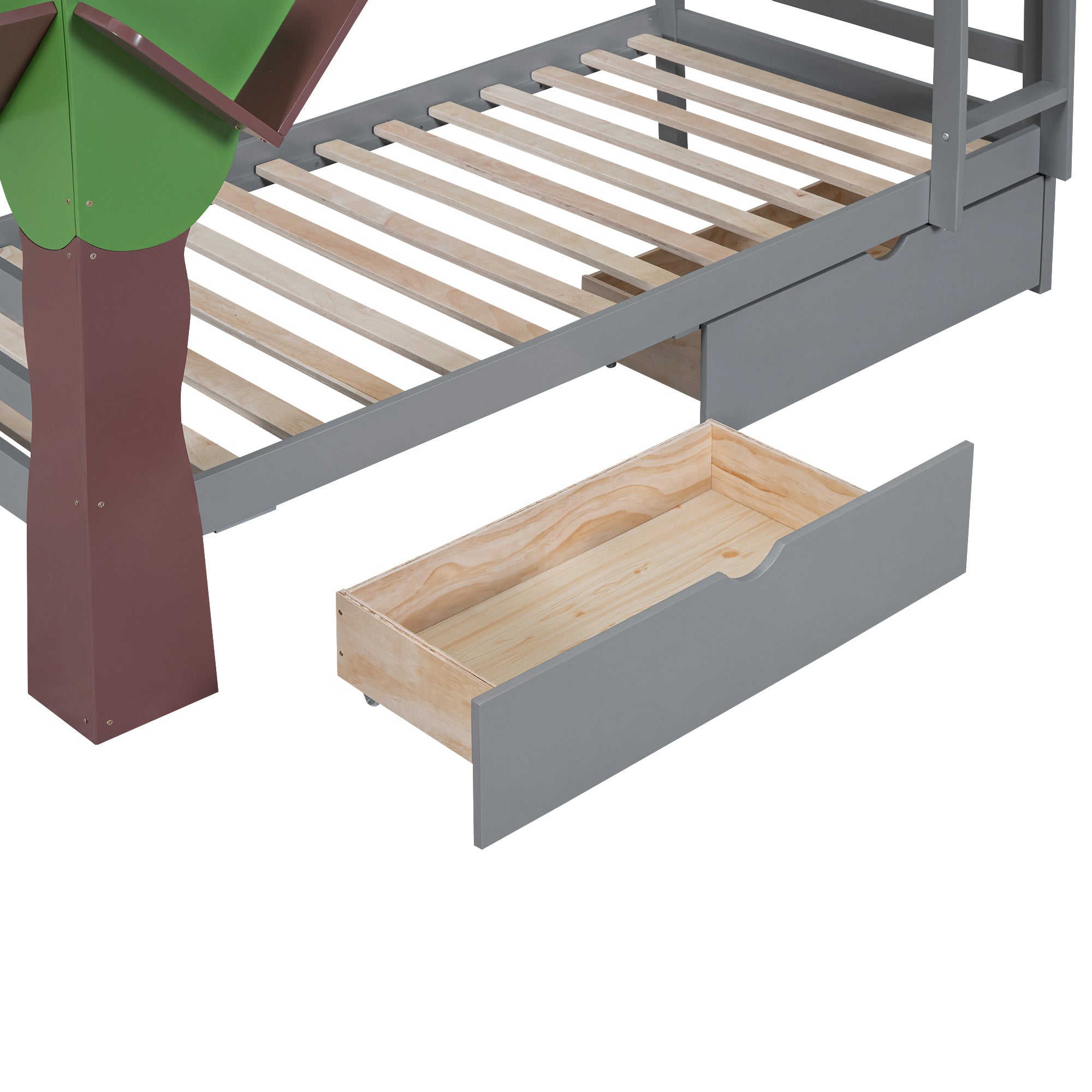 Twin-Over-Twin Bunk Bed with  a Tree Decor and Two Storage Drawers, Gray