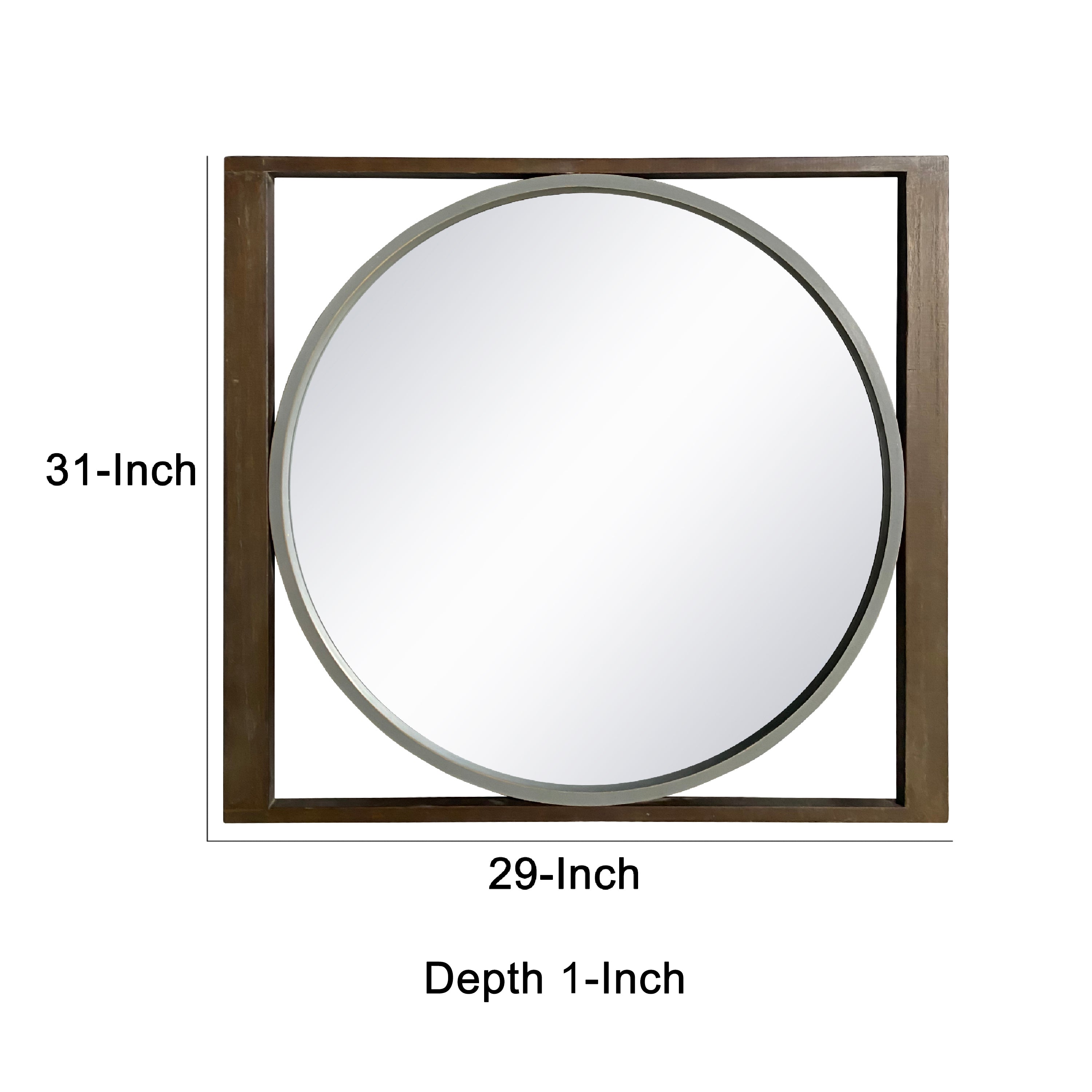 Round Wall Mirror with Rectangular Wooden Frame, Brown