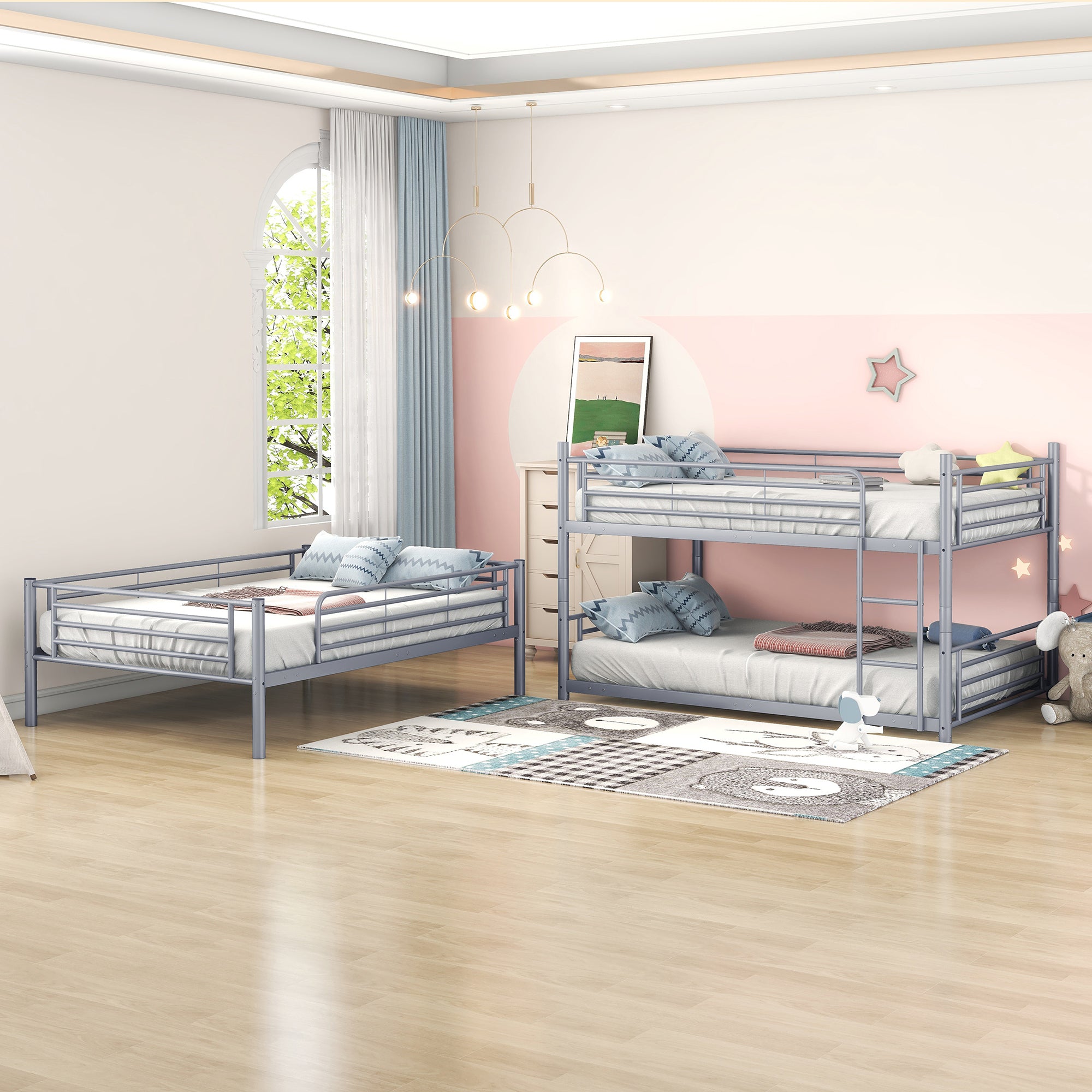 Full-Full-Full Metal  Triple Bed  with Built-in Ladder, Divided into Three Separate Beds,Gray(OLD SKU:LP000297AAE)
