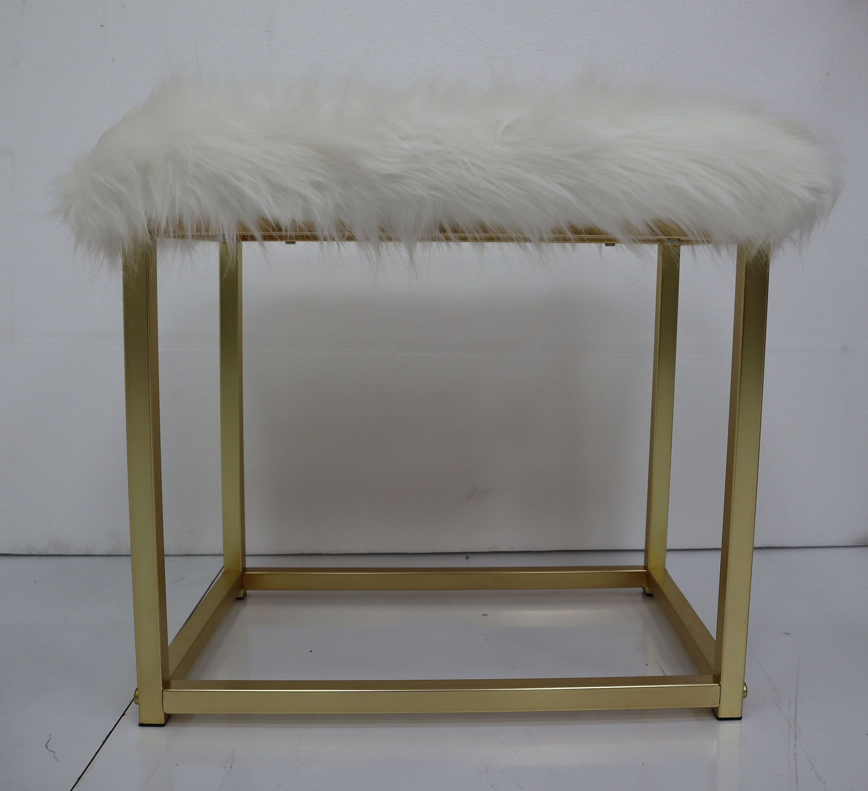 Vanity Mirror & Stool in Faux Fur, Mirror, White & Brass Finish AC00932