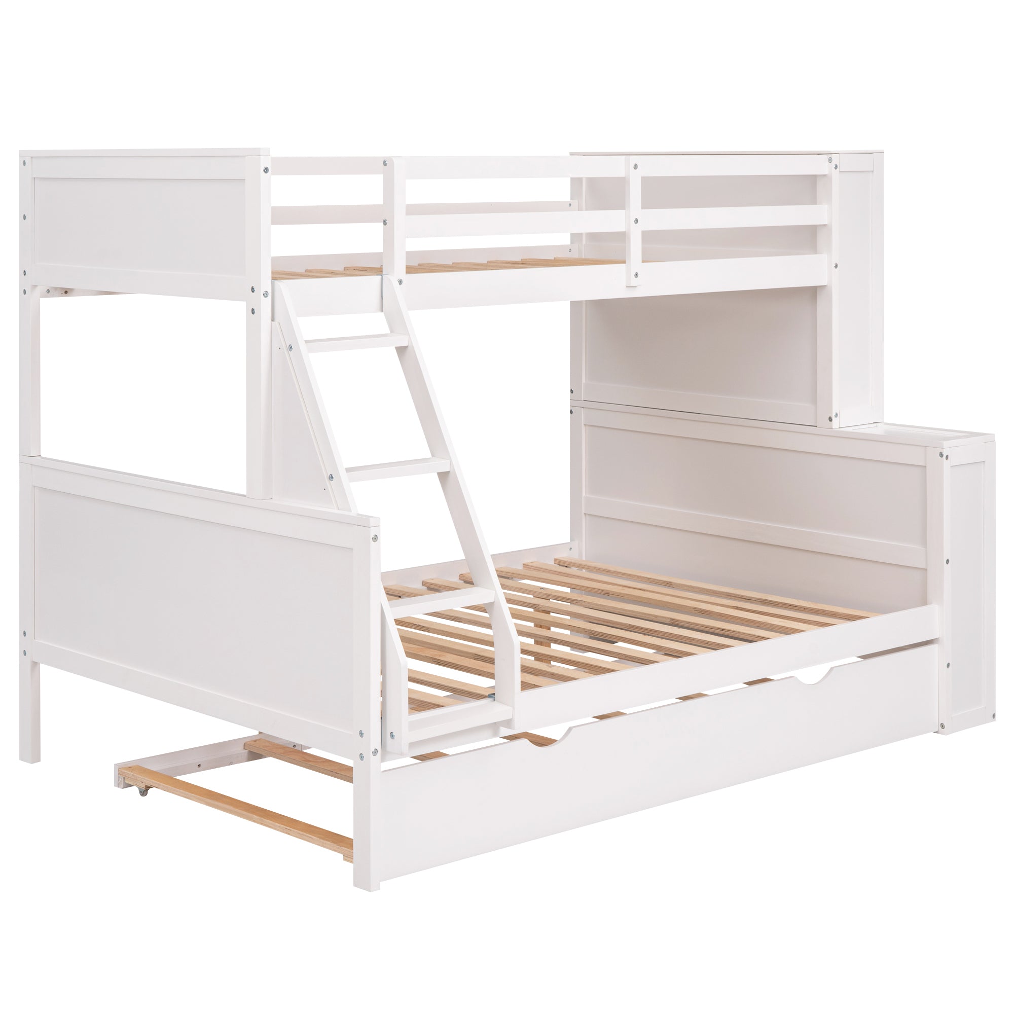 Twin over Full Bunk Bed with Trundle and Shelves, can be Separated into Three Separate Platform Beds, White