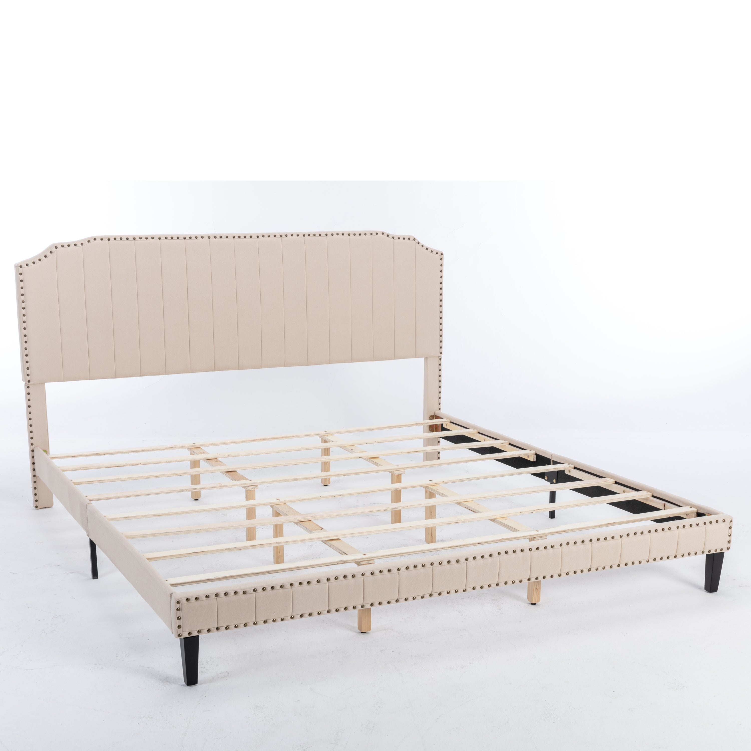 DongHeng King Size Bed with Headboard,Modern Linen Curved Upholstered Platform Bed,Solid Wood Frame,Nailhead Trim,Beige