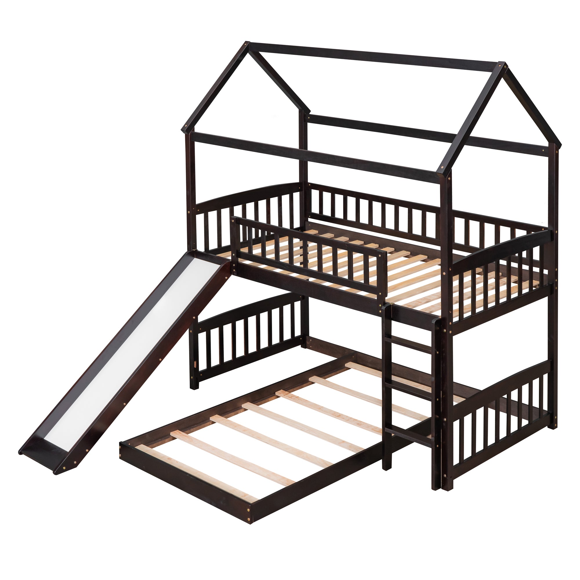 Twin Over Twin Bunk Bed with Slide, House Bed with Slide, Espresso(OLD SKU: LT000214AAP)