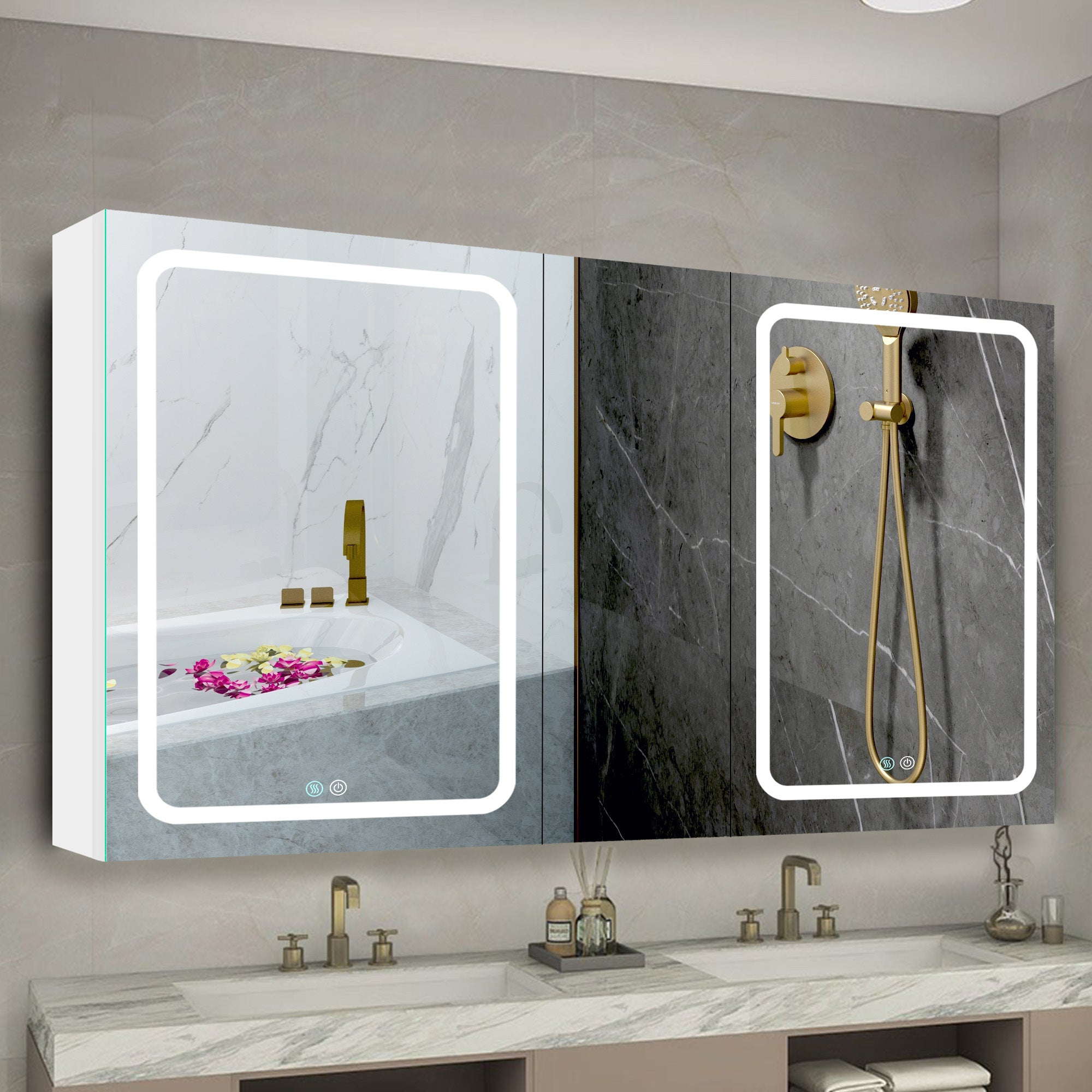 50x30 Inch LED Bathroom Medicine Cabinet Surface Mount Double Door Lighted Medicine Cabinet, Medicine Cabinets for Bathroom with Mirror Defogging, Dimmer White