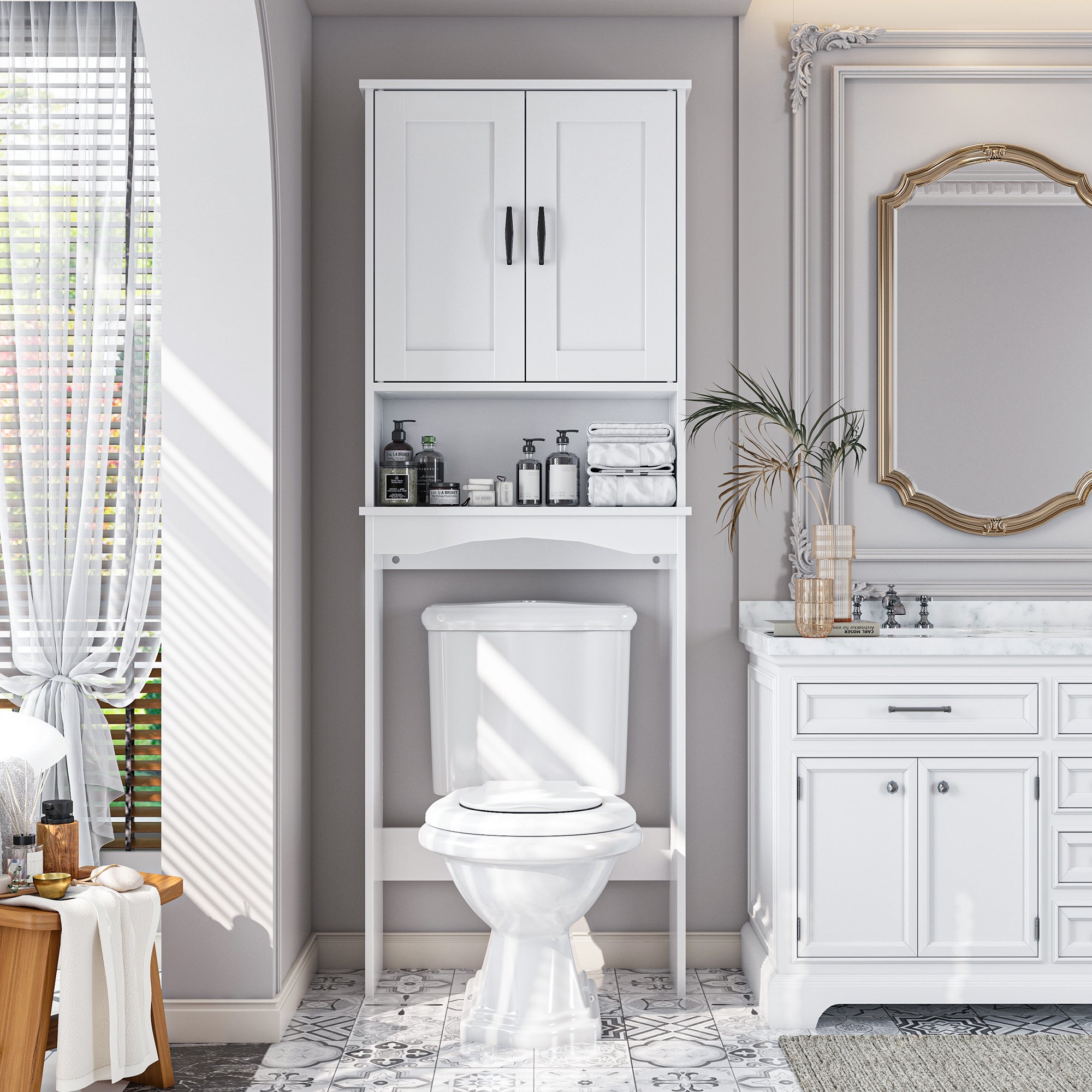 23.62 in. W x 65.39 in. H x 8.27 in. D White Over The Toilet Storage with Adjustable shelves for Bathroom and Laundry
