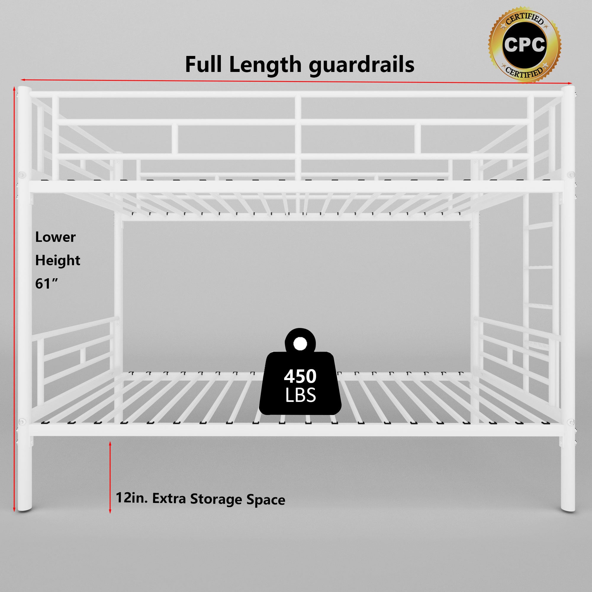 White Twin over Twin Metal Bunk Bed with Removable Ladder, Comfortable Rungs, Easy to assemble
